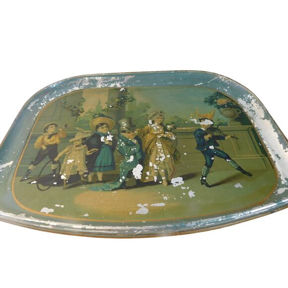 Antique Watermans Victorian Patent Tin Litho Tray Children at Play READ - Picture 1 of 12